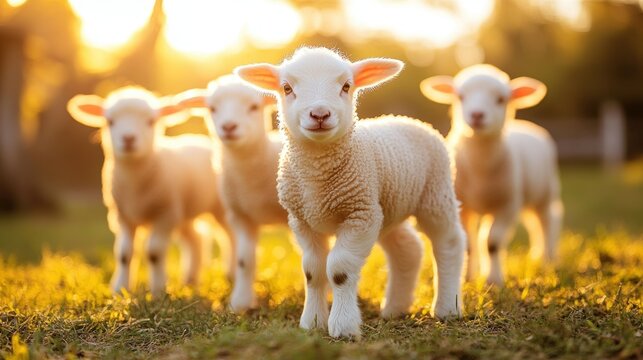 Four adorable lambs bask in golden sunset light on a grassy pasture