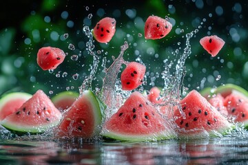 Fototapeta premium Watermelon Slices: Fresh juicy watermelon pieces in motion with refreshing water splashes