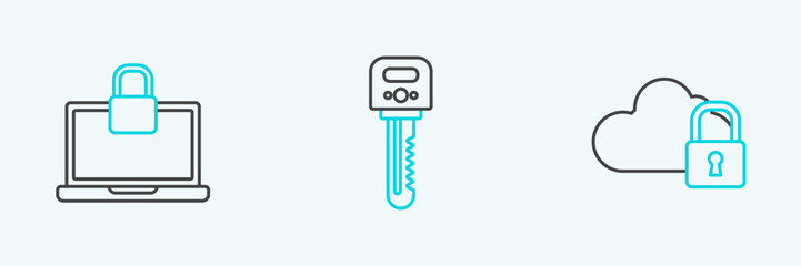 Set line Cloud computing lock, Laptop and and Key icon. Vector
