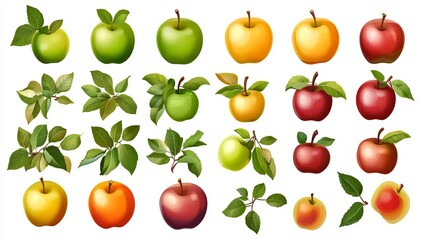 A collection of vector illustrations featuring ripe apples in green, yellow, and red, each adorned with leaves. The apple icons are set against a white background.