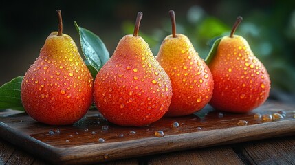 Four ripe, red pears with water droplets on a wooden board