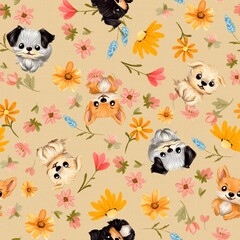 Little Cute dogs with flowers pattern