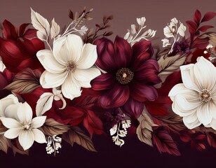 horizontal floral border with white and maroon flowers