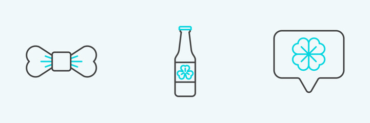Set line Four leaf clover in speech bubble, Bow tie and Beer bottle with four icon. Vector