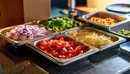self serve taco bar with fresh toppings like diced tomatoes onions cheese and lettuce ready to assemble a make your own taco or burrito bar