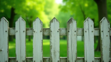 Rustic Weathered Picket Fence Against a Lush Green Background of Trees and Grass