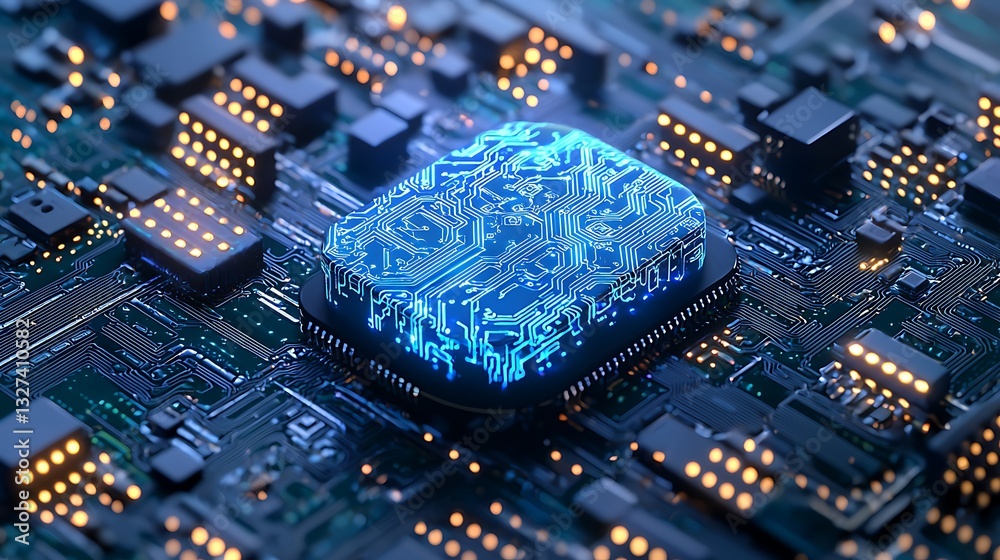 Poster Glowing Blue Circuit Board with Central Processing Unit