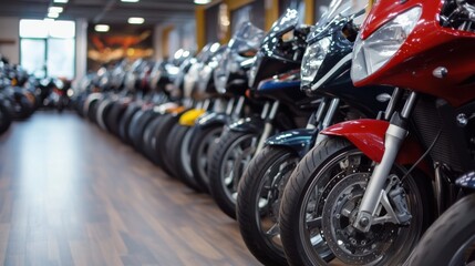 Fototapeta premium Row of Shiny Motorcycles in Dealership Showroom, Modern Vehicle Display with Red, Blue, and Yellow Accents on Wooden Floor