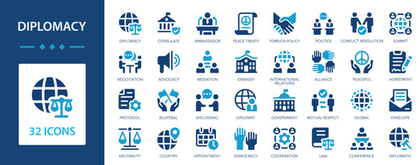 Diplomacy flat icons collection. Leader, international relations, ambassador, negotiation, peace, arbitration, peace treaty, consulate, neutrality, policy, diplomat, speech, migration, economy sign se