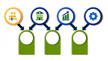 Abstract Workflow Diagram with Circular Icons and Green Cylinders