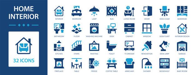 Home interior flat icons collection. Decoration, furniture, renovation, apartment, room, bathroom, house, kitchen, living, desk, sofa, chair sign set.