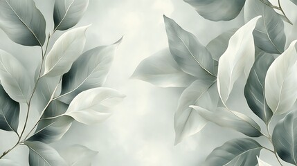 Elegant Green Leaf Pattern on Light Background, Elegant pattern of soft green leaves on a light background, creating a calming and natural aesthetic