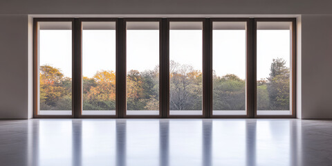 Fototapeta premium Spacious modern interior with large windows showcasing lush autumn landscape