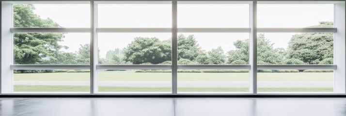 Naklejka premium Bright rooms with large windows revealing lush green landscape outside