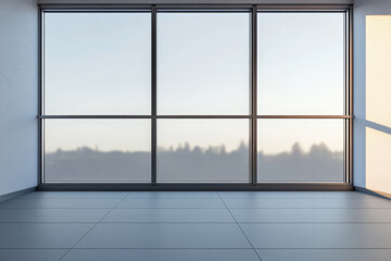 Fototapeta premium Open space with large windows showcasing a serene landscape at dawn