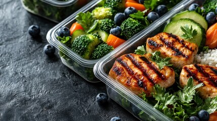 A well-prepared grilled chicken alongside a colorful mix of vegetables and blueberries, promoting a healthy and flavorful dining experience.