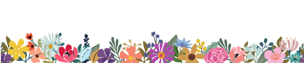 Seamless floral border with colorful abstract flowers and leaves, spring background, banner, design element for greeting cards, invitations. Vector illustration.