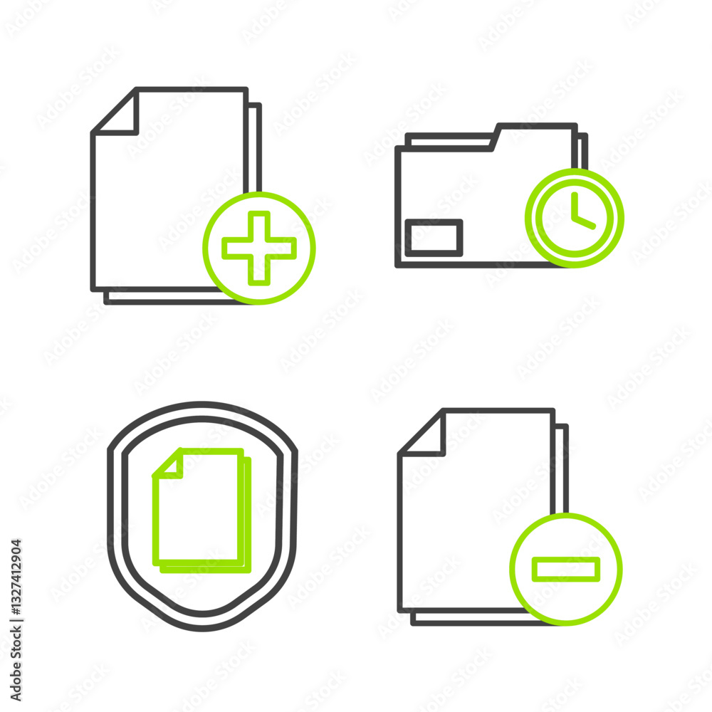 Poster set line document with minus, protection concept, folder clock and add new file icon. vector