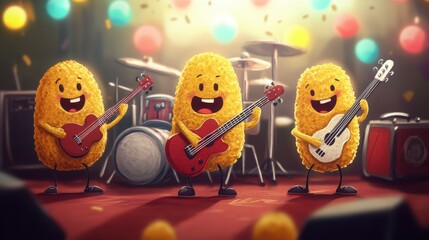 Whimsical Illustration of Tater Tots Playing Music in a Vibrant Concert Scene