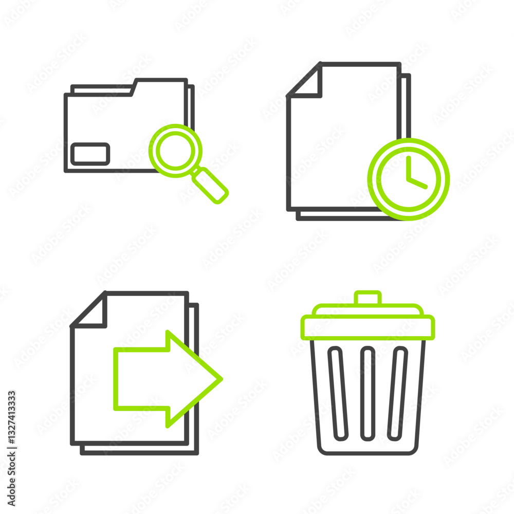 Poster set line trash can, next page arrow, document with clock and search concept folder icon. vector