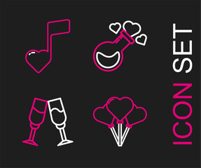 Set line Balloons in form of heart, Glass champagne, Bottle with love potion and Music note, tone hearts icon. Vector