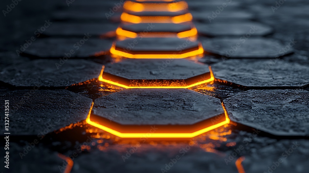 Poster glowing hexagon stone path abstract background