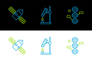 Set line DNA symbol, Satellite and Test tube flask on fire icon. Vector