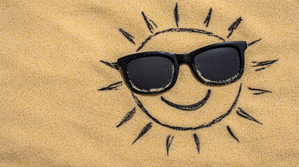 the sun drawn on the sand with sunglasses at the beach. 