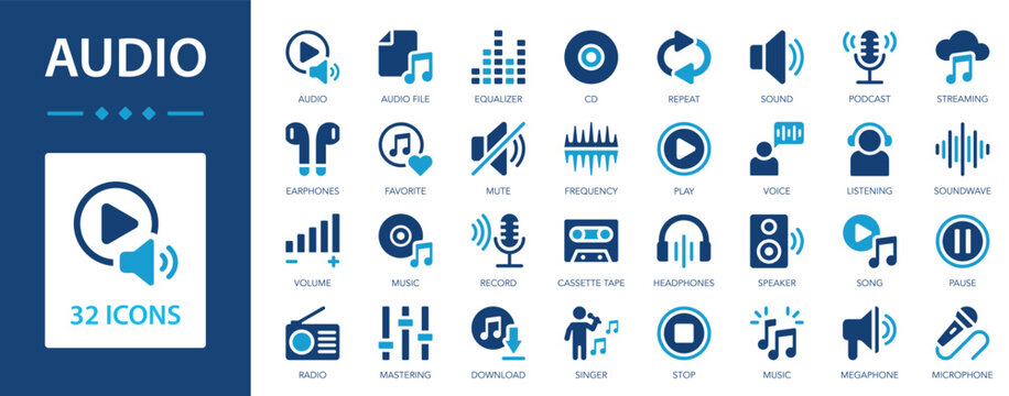 Audio flat icons collection. Speaker, song, headphones, sound, mute, frequency, microphone, music, radio, volume, equalizer, pause, CD sign set.