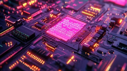 Fototapeta premium Glowing circuit board with central processor displaying code