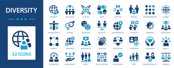 Diversity flat icons collection. Inclusivity, human rights, culture, unity, respect, morals, behavior, gender, age, equity sign set.