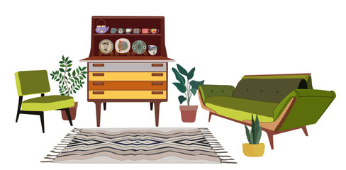 Obraz premium Living Room furniture set in trendy Mid century modern style, cupboard, sofa, soft chair, carpet, house plants. Comfortable, cozy room interior. Vector illustration isolated 