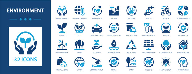 Environment flat icons collection. Earth, renewable, nature, eco, conservation, insects, wind, plant, reuse, ecology, water, trees, electric car, recycle bin, green energy sign set. © Jan