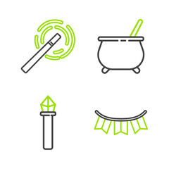 Set line Carnival garland with flags, Magic staff, Witch cauldron and wand icon. Vector