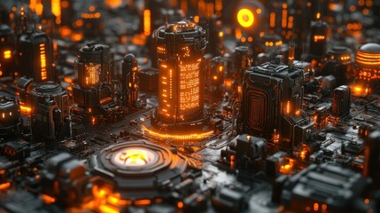 Glowing cyberpunk cityscape, intricate details, futuristic architecture, orange and black color scheme
