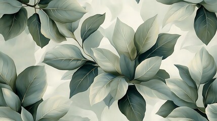 Elegant Green Leaf Pattern on Light Background, Elegant pattern of soft green leaves on a light background, creating a calming and natural aesthetic