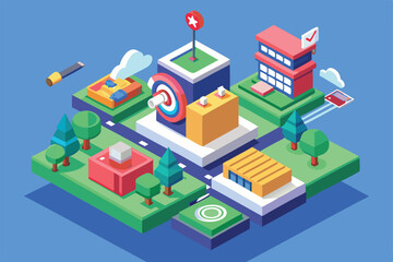 This layout showcases a colorful isometric cityscape with trees, buildings, and a target area, Target Customizable Isometric Illustration
