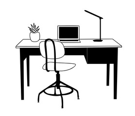 Work Place with desk, office chair, laptop computer, table lamp and house plant. Black and white line art drawing. Vector monochrome illustration isolated 