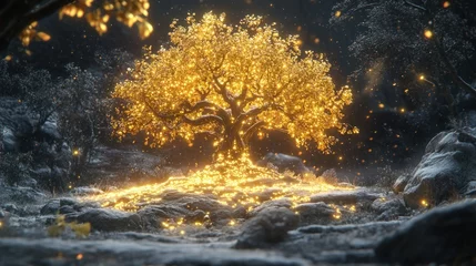 Poster Glowing golden tree in snowy, dark forest
