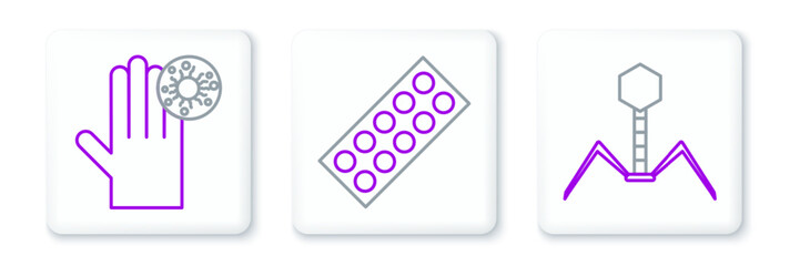 Set line Bacteria bacteriophage, Hand with virus and Pills in blister pack icon. Vector