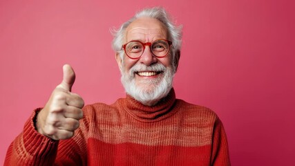elderly gray-haired cheerful man showing thumbs up on colored pink background, joyful grandfather, mature person, retired senior, old age