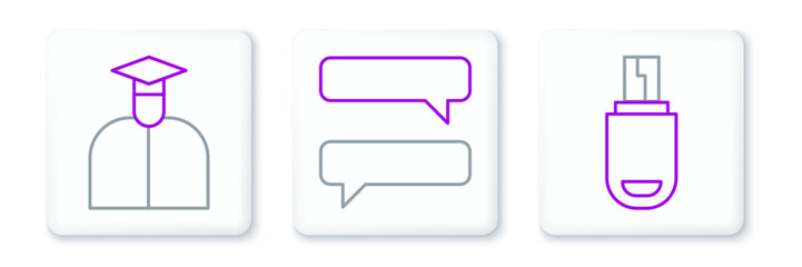 Set line USB flash drive, Student and Speech bubble chat icon. Vector