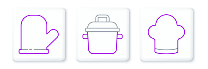 Set line Chef hat, Oven glove and Cooking pot icon. Vector