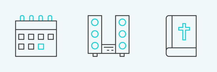 Fototapeta premium Set line Holy bible book, Calendar and Home stereo with two speakers icon. Vector