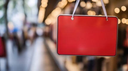Blank rectangular red sign hanging with blurred lights in background for business promotion and announcements