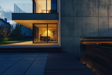 Obraz premium Modern architecture displayed at twilight with illuminated interior spaces