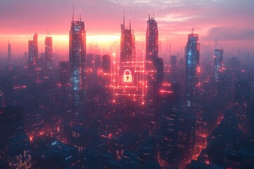 Fototapeta premium Futuristic Cityscape at Sunset with Cyber Security Network Lock Icon