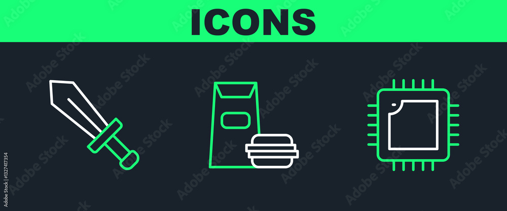Poster set line processor with cpu, sword for game and burger icon. vector