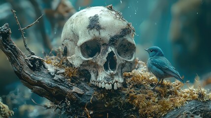 A Small Blue Bird Perched on a Mossy Log Beside an Old Weathered Skull in a Dark, Mysterious Forest Setting