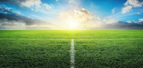 Empty soccer field gleams under the shining sun.